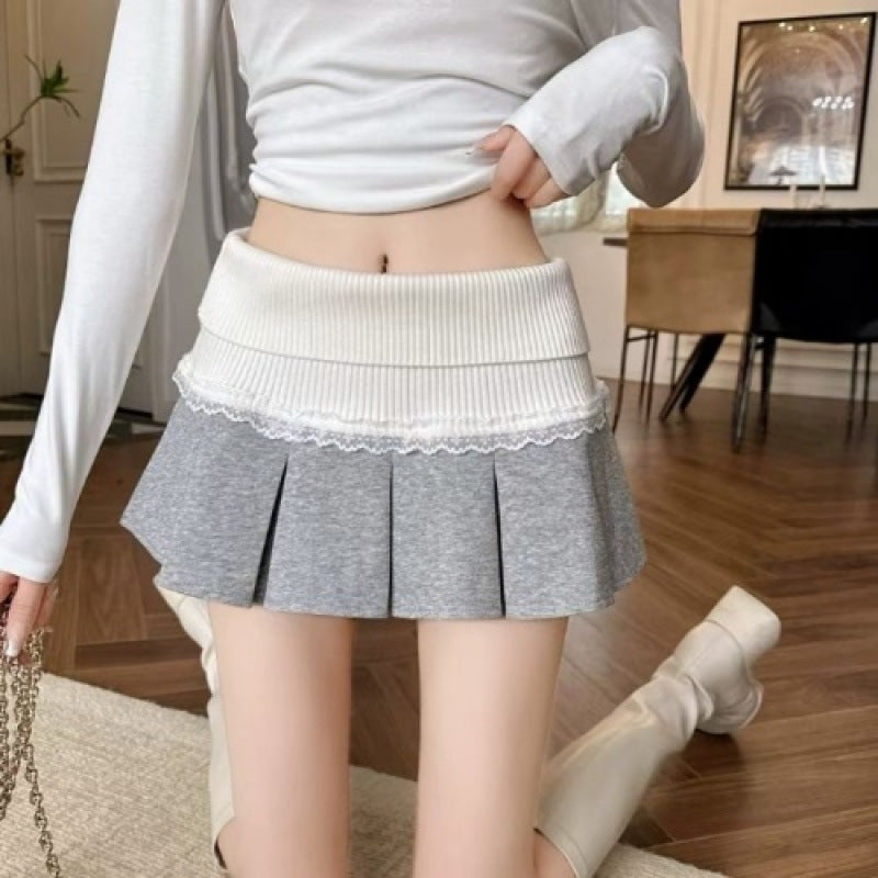 Lace Stitch Pleated Skirt For Playful Feminine Energy-Gray-Theone Apparel