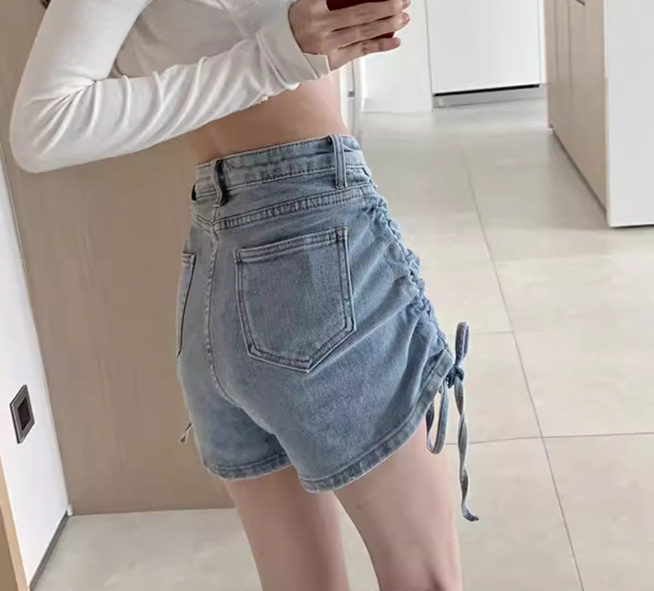 Light A-Line Denim Shorts with Drawstring and Wide-Leg Fit-Theone Apparel