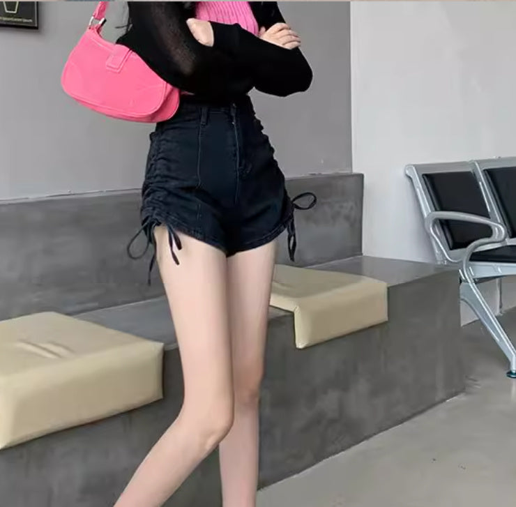 Light A-Line Denim Shorts with Drawstring and Wide-Leg Fit-Theone Apparel