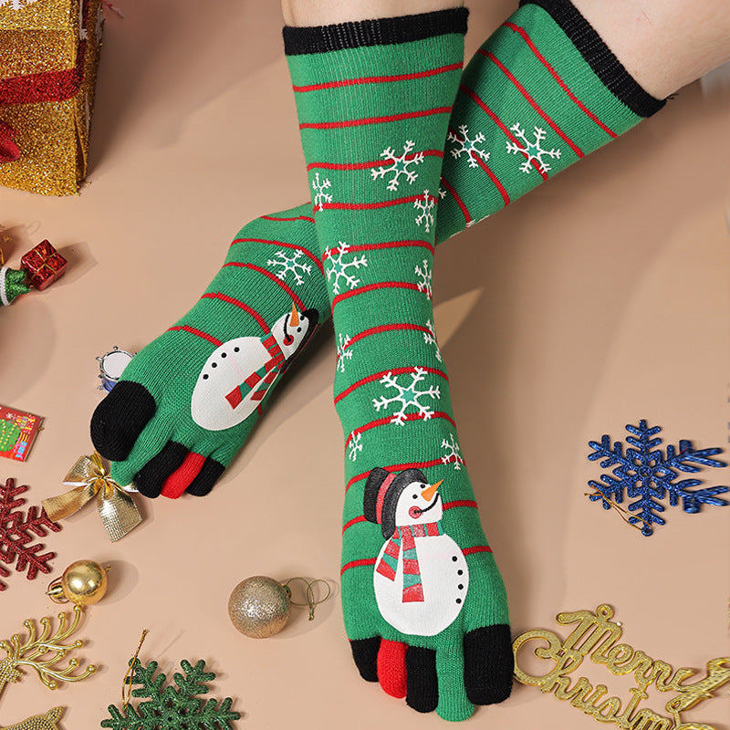 Lightweight Soft Crew Socks with Five Toes in Christmas Patterns-Green Snowman-Theone Apparel