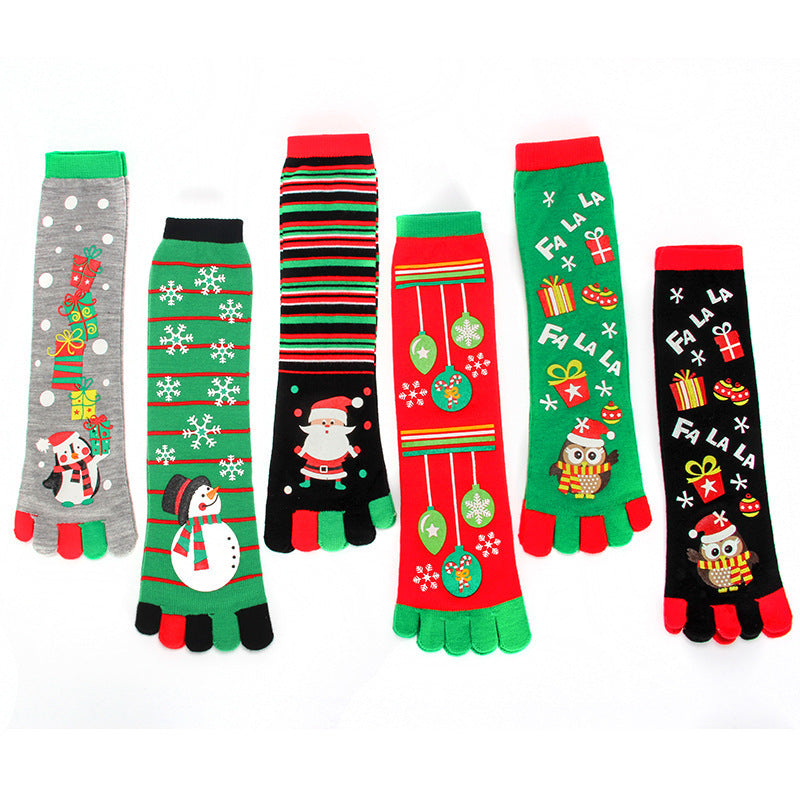 Lightweight Soft Crew Socks with Five Toes in Christmas Patterns-Theone Apparel