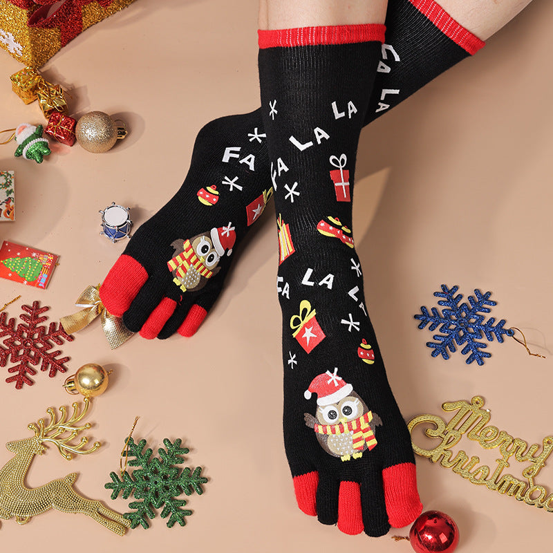 Lightweight Soft Crew Socks with Five Toes in Christmas Patterns-Black Penguin-Theone Apparel