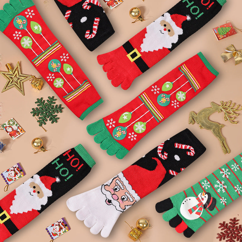 Lightweight Soft Crew Socks with Five Toes in Christmas Patterns-Theone Apparel