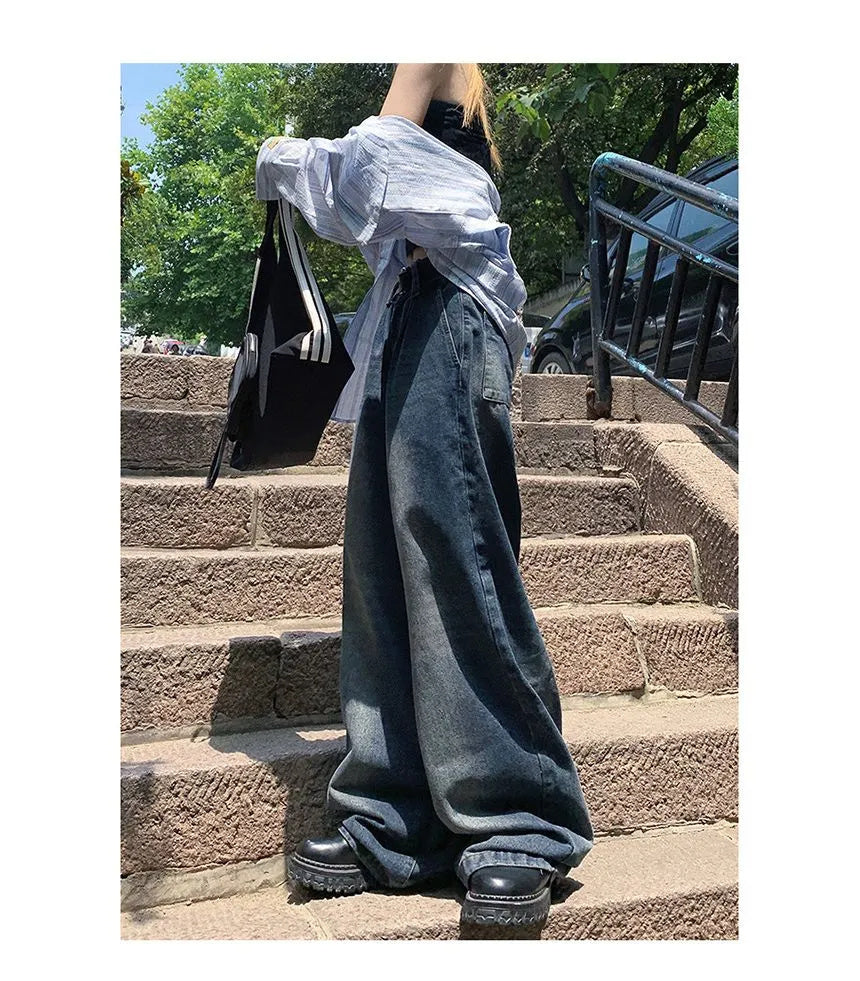 Mid-Rise Washed Wide-Leg Jeans with Relaxed Fit-Theone Apparel