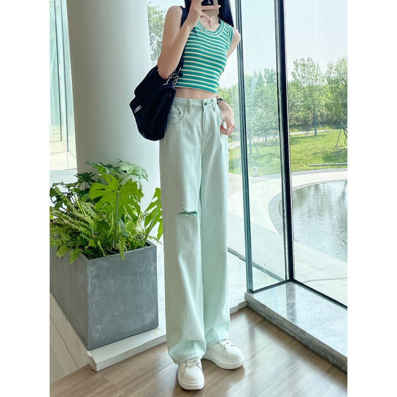 Mint Green Ripped Wide-Leg Jeans for Summer Cool-Green-Theone Apparel