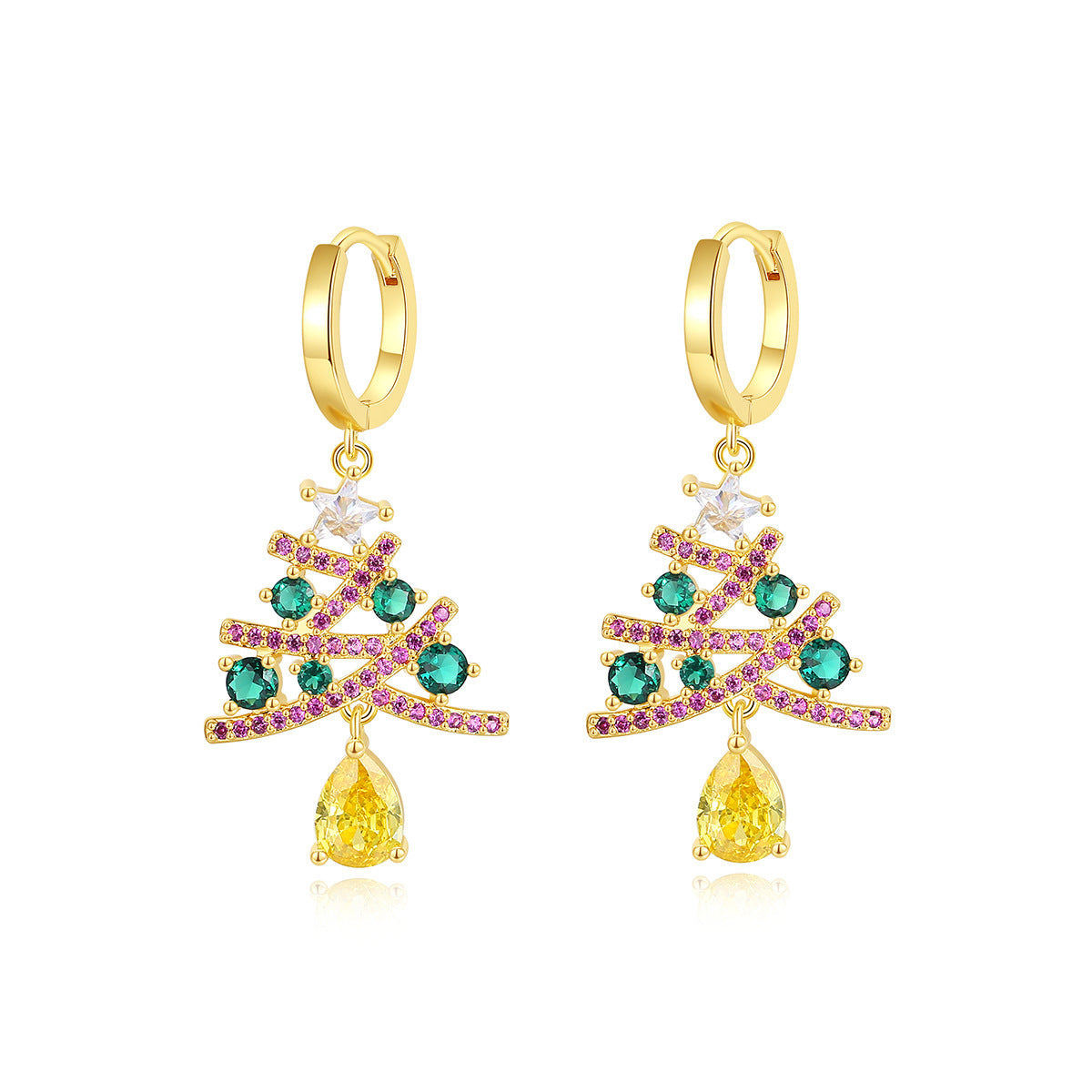 Modern Christmas Tree Dangle Drop Earrings with Multiple Colored Jewels-Theone Apparel