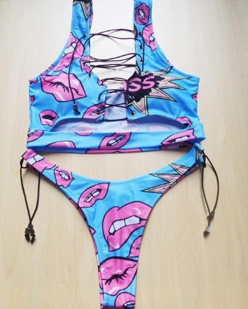 Pineapple Lace-Up Thong Bikini Set for Full-Busted Beach Confidence-Theone Apparel