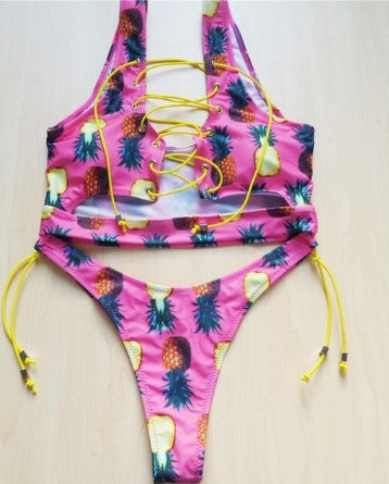 Pineapple Lace-Up Thong Bikini Set for Full-Busted Beach Confidence-Theone Apparel
