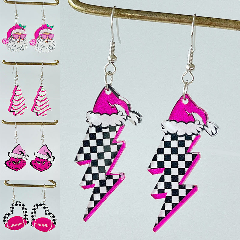 Pink & Checkerboard Retro 1980s-Style Christmas Acrylic Dangle Earrings in Assorted Styles-Theone Apparel