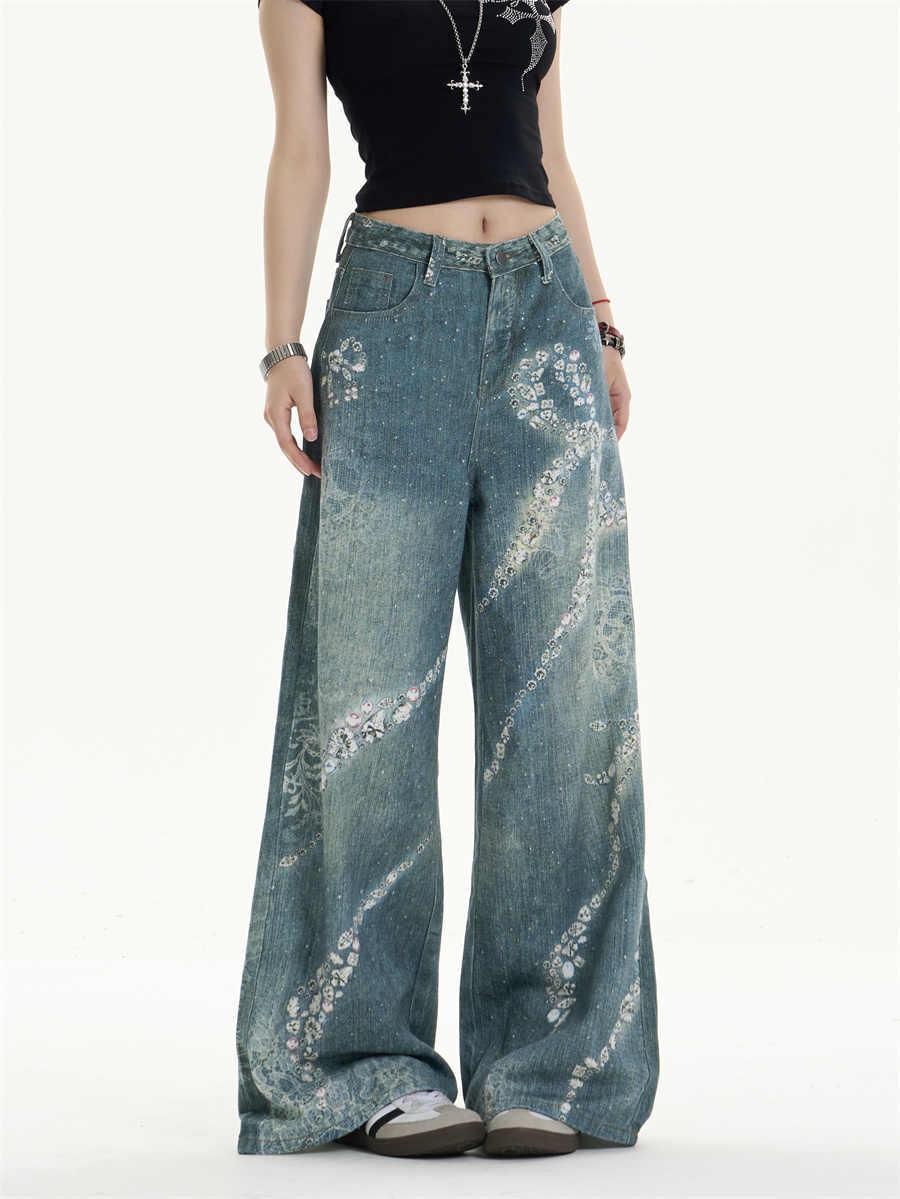 Playful Bowknot Print Wide-Leg Jeans with Feminine Twist-Theone Apparel