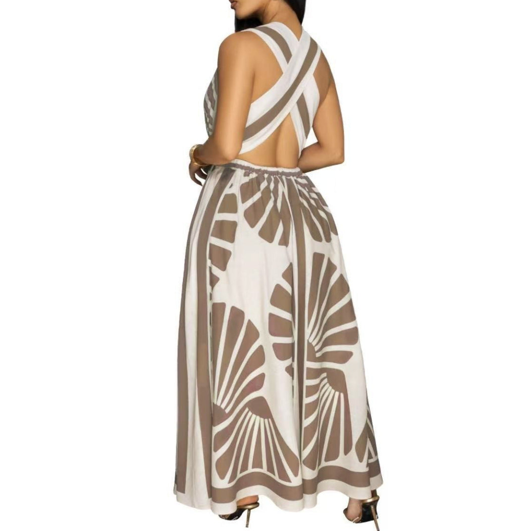 Positioned Print V-Neck Backless Dress for Summer Soirées-Theone Apparel