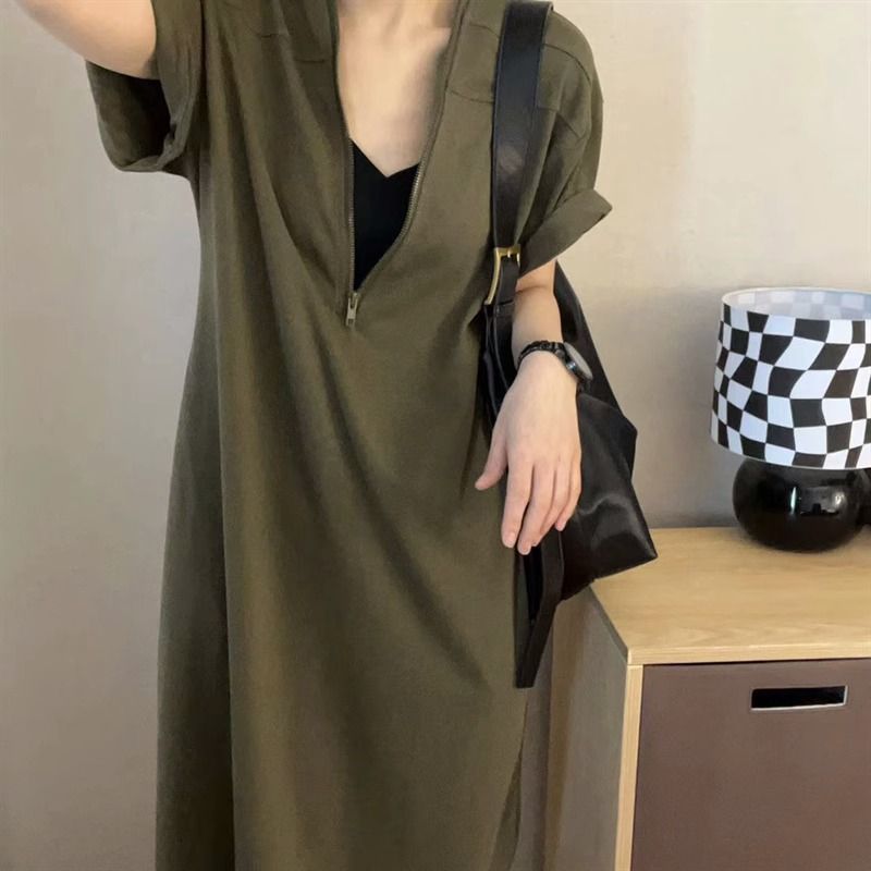 Premium Retro Hepburn Style Dress with Zipper Closure-Army Green-Theone Apparel