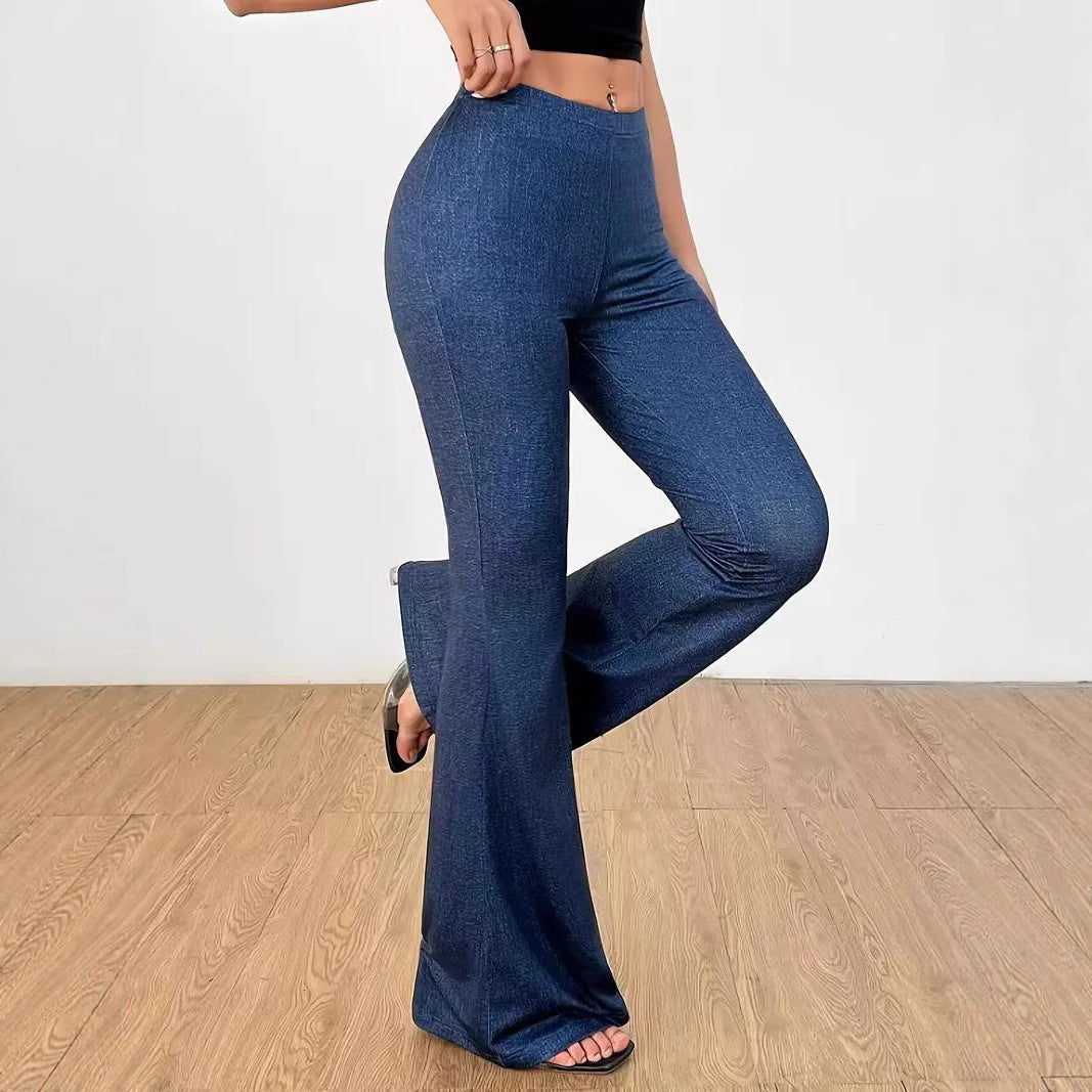 Printed Bell-Bottom Denim Pants with High Waist Fit-Theone Apparel