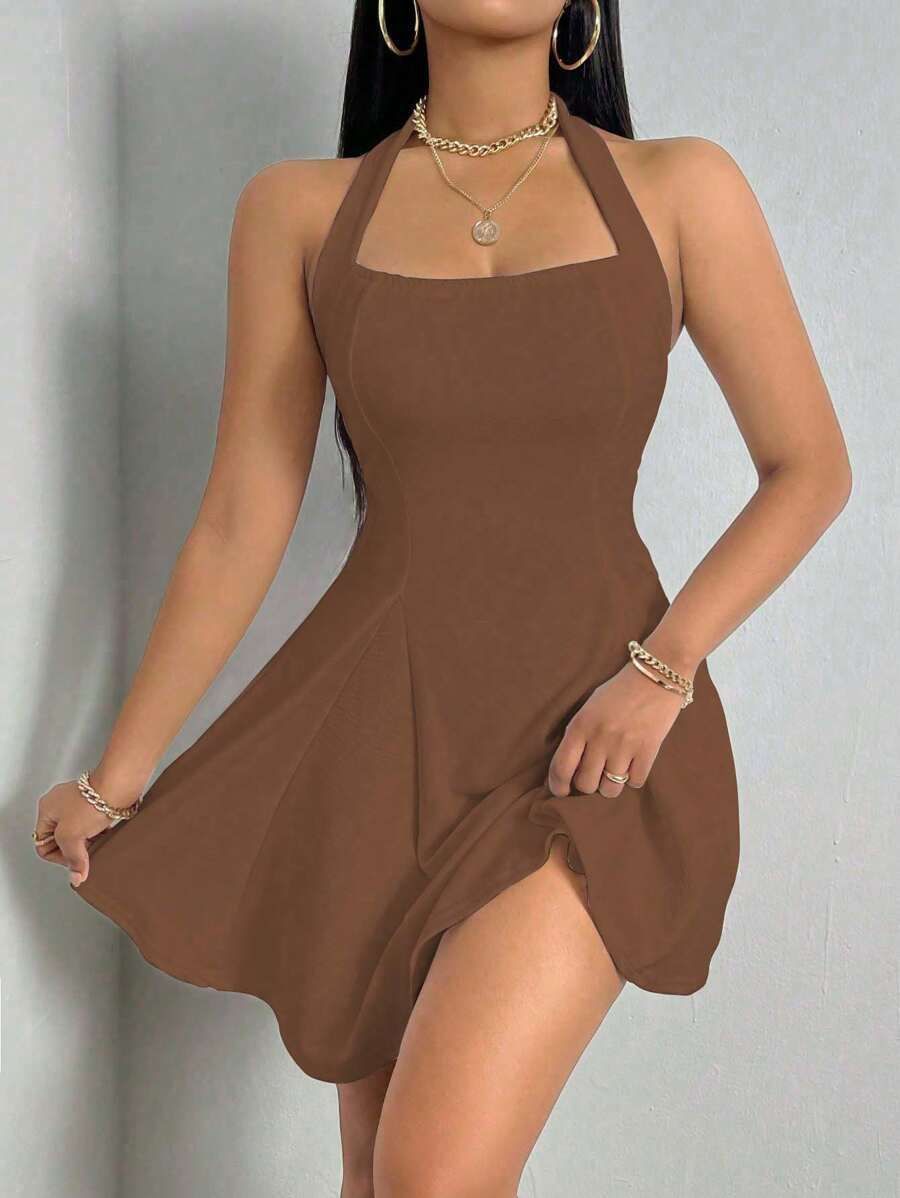 Pure-Color Halter Backless Sleeveless Dress for Chic Minimalism-Brown-Theone Apparel