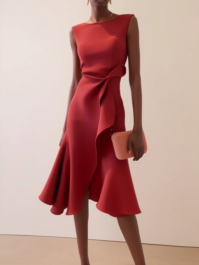 Red Sleeveless Round-Neck Dress with Elegant Temperament-Red-Theone Apparel