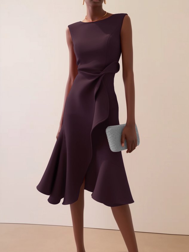 Red Sleeveless Round-Neck Dress with Elegant Temperament-Dark Purple-Theone Apparel