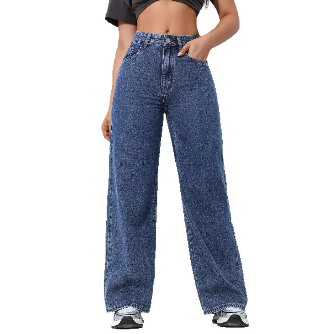 Relaxed Fit Loose Straight Wide-Leg Denim Pants for Comfort-Dark Blue-Theone Apparel