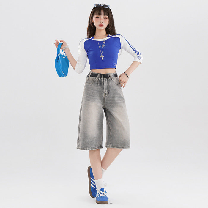 Retro Cropped High Street Jeans with Summer Americana Vibes-Gray-Theone Apparel