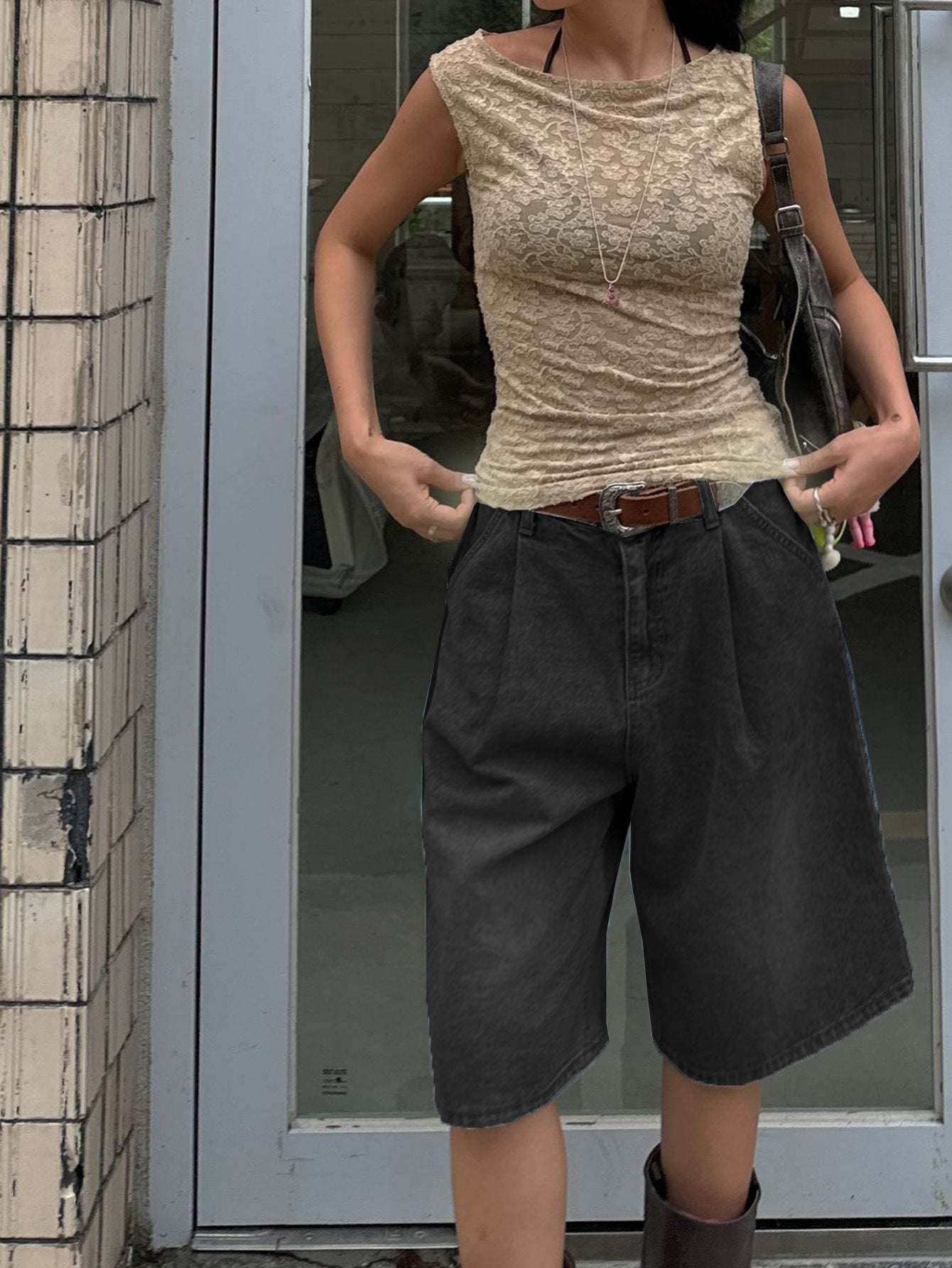 Retro Pleated Wide-Leg Denim Shorts with Loose Fit Charm-Black-Theone Apparel