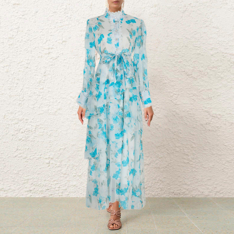 Ruffled Lace-Detail Dress with Irregular Hemline Charm-Aqua-Theone Apparel