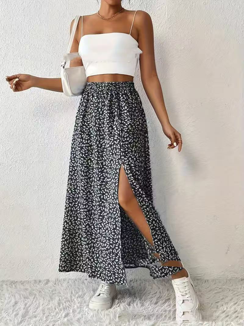 Side Slit Printed Skirt For Fashionable Everyday Wear-Black-Theone Apparel