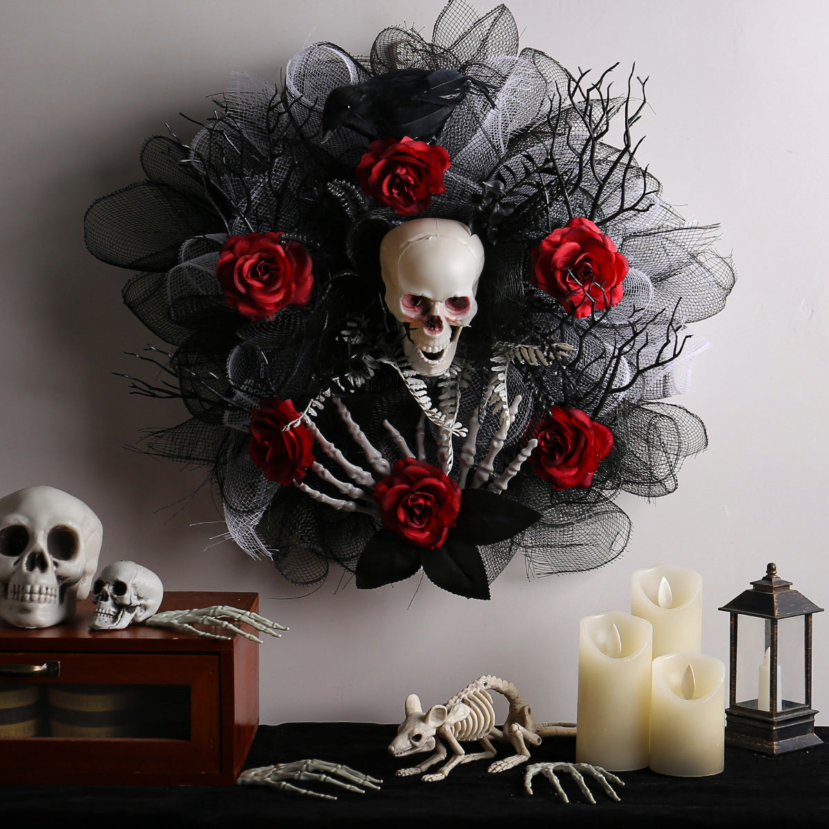 Skull and Roses Halloween Style Wreath in Red, Black and Gray-Theone Apparel