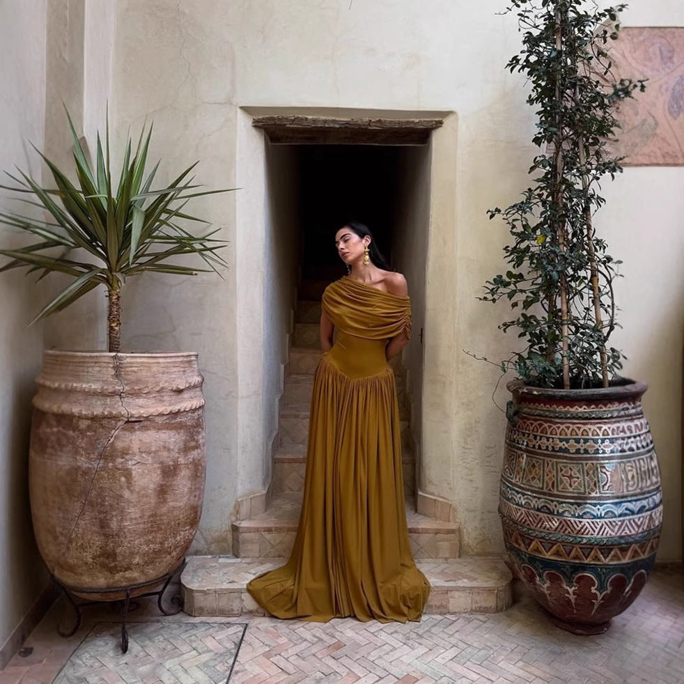 Slant Shoulder A-Line Dress with Waist-Slimming Design-Theone Apparel