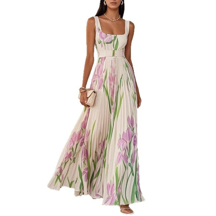Sleeveless Pleated Printed Dress for Polished Formal Evening Affairs-Theone Apparel