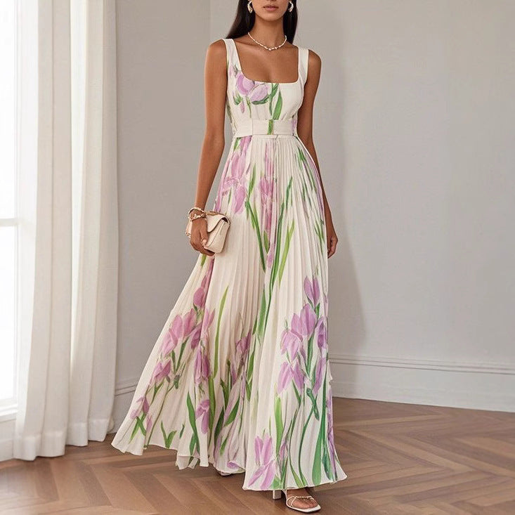 Sleeveless Pleated Printed Dress for Polished Formal Evening Affairs-Theone Apparel