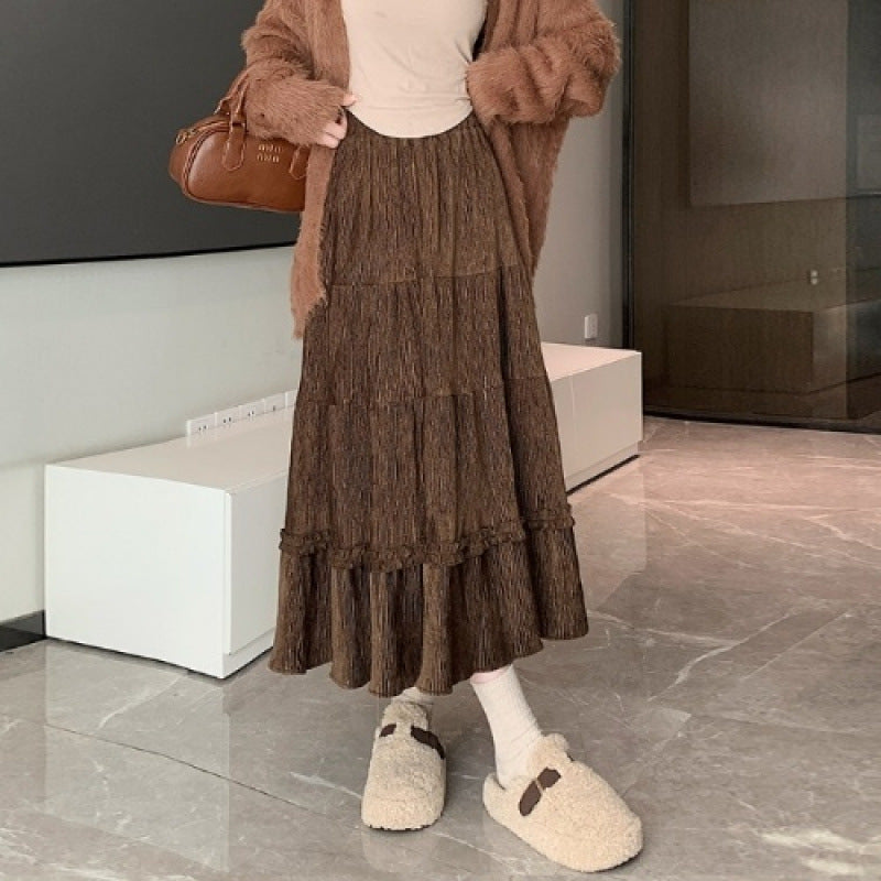 Slimming Midi A-Line Skirt With Korean Style Elastic Waist-Brown-Theone Apparel