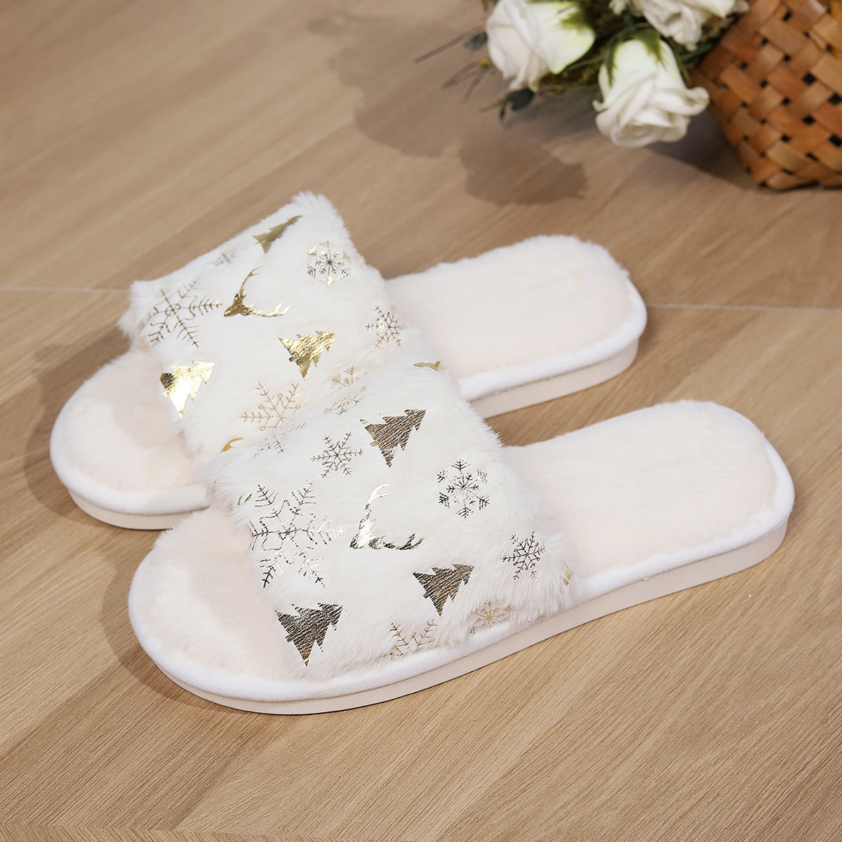 Soft Open Toed White and Gold Christmas Themed House Slippers-Theone Apparel
