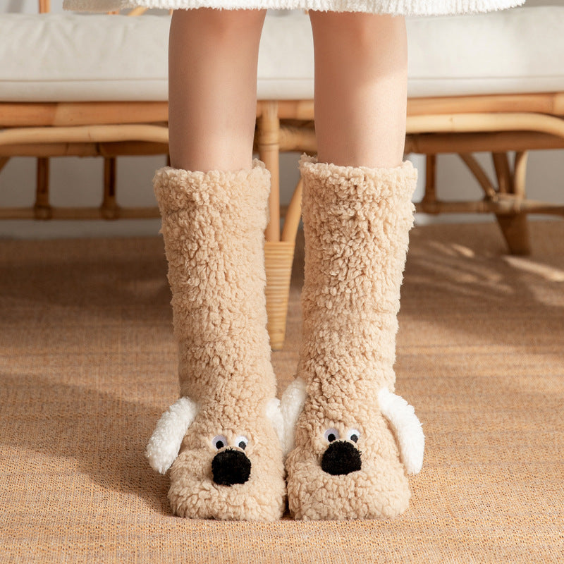 Soft and Thick White Winter Socks with Cute Dog Ears-Light Coffee Dog-Theone Apparel