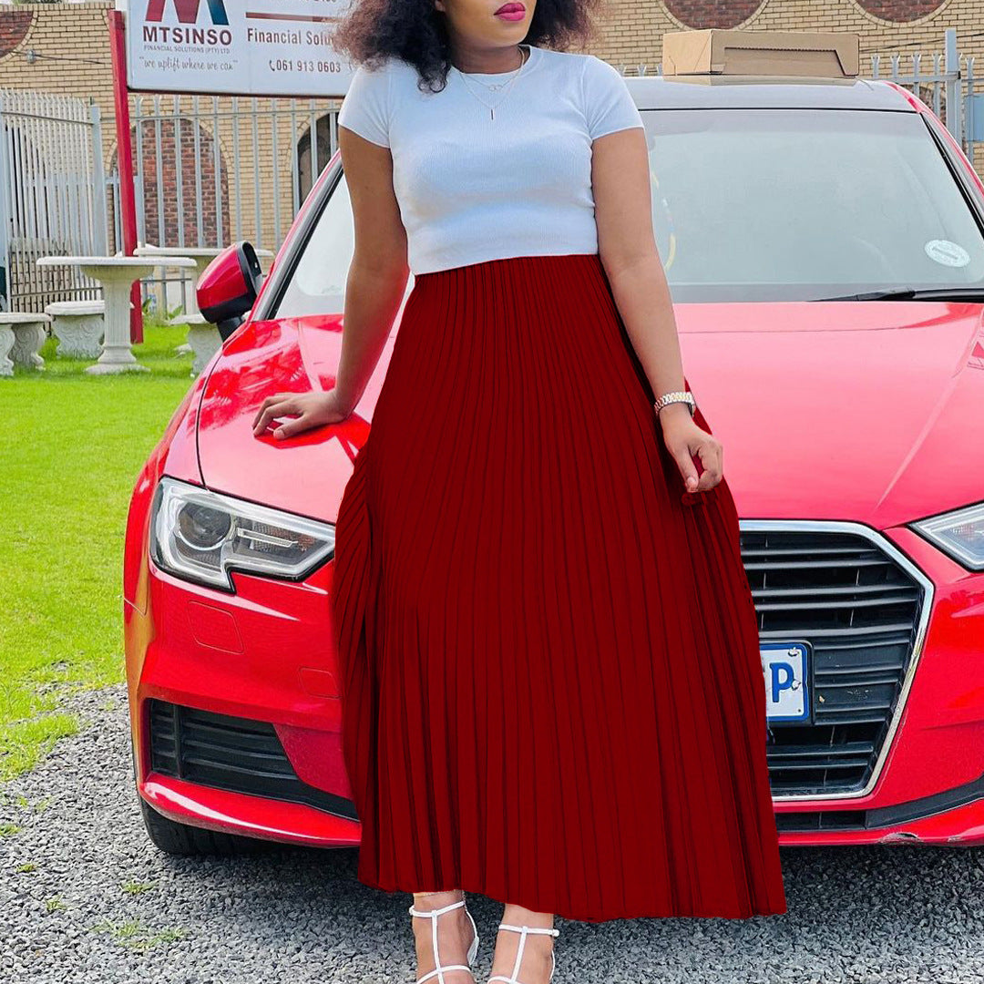 Solid Color High Waist Dress For Plus Size Elegance-Wine Red-Theone Apparel