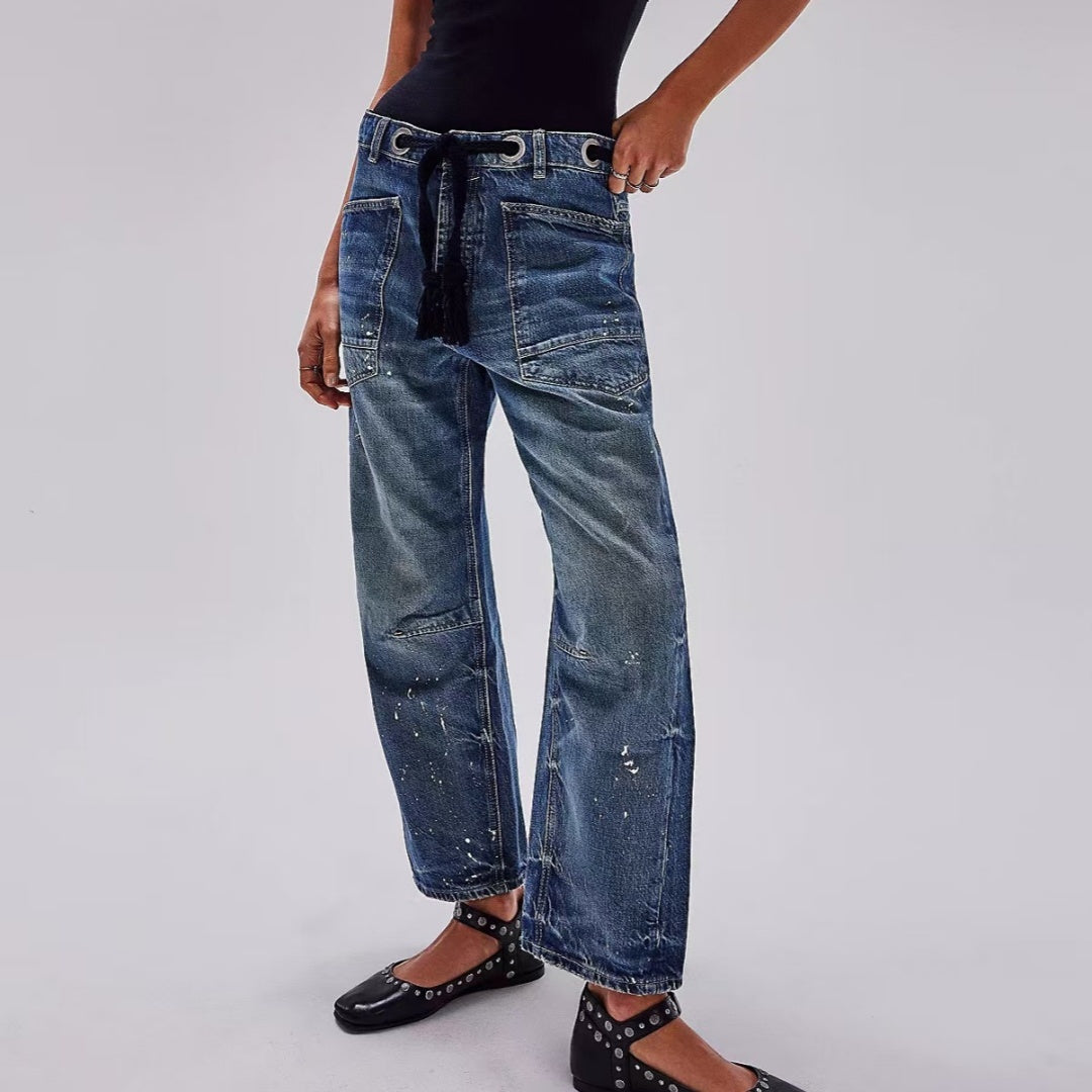 Splash-Ink Drawstring Loose Jeans with Artistic Casual Twist-Theone Apparel