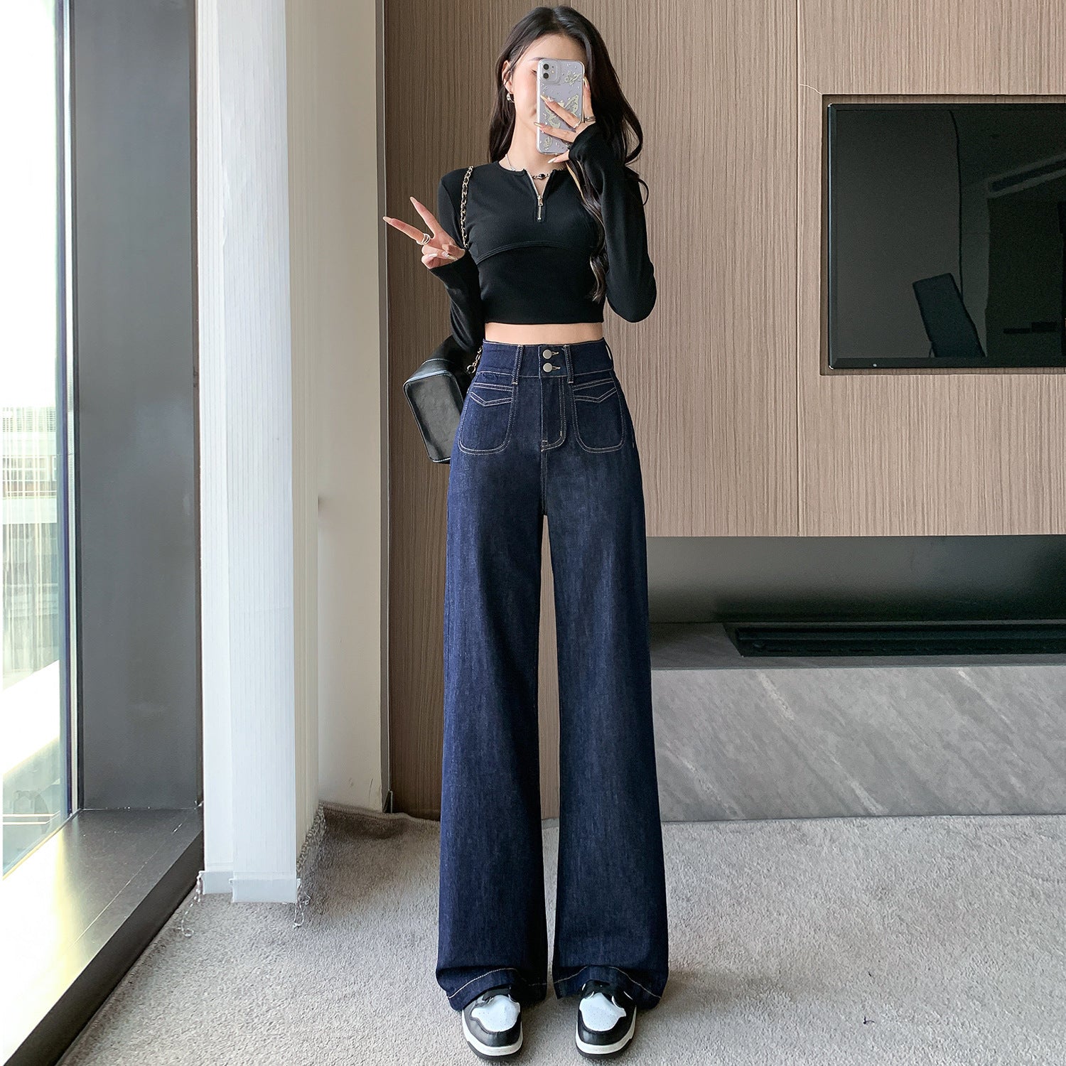 Spring/Autumn Retro Wide-Leg Jeans with Small High Waist Cut-Dark Blue-Theone Apparel