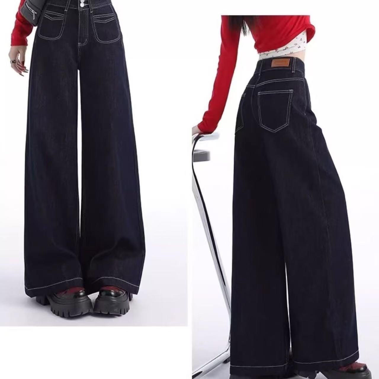 Spring/Autumn Retro Wide-Leg Jeans with Small High Waist Cut-Theone Apparel