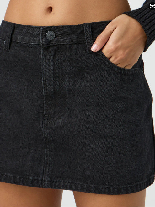 Stretch Washed Denim Short Skirt For Casual Comfort-Black-S-THEONE APPAREL