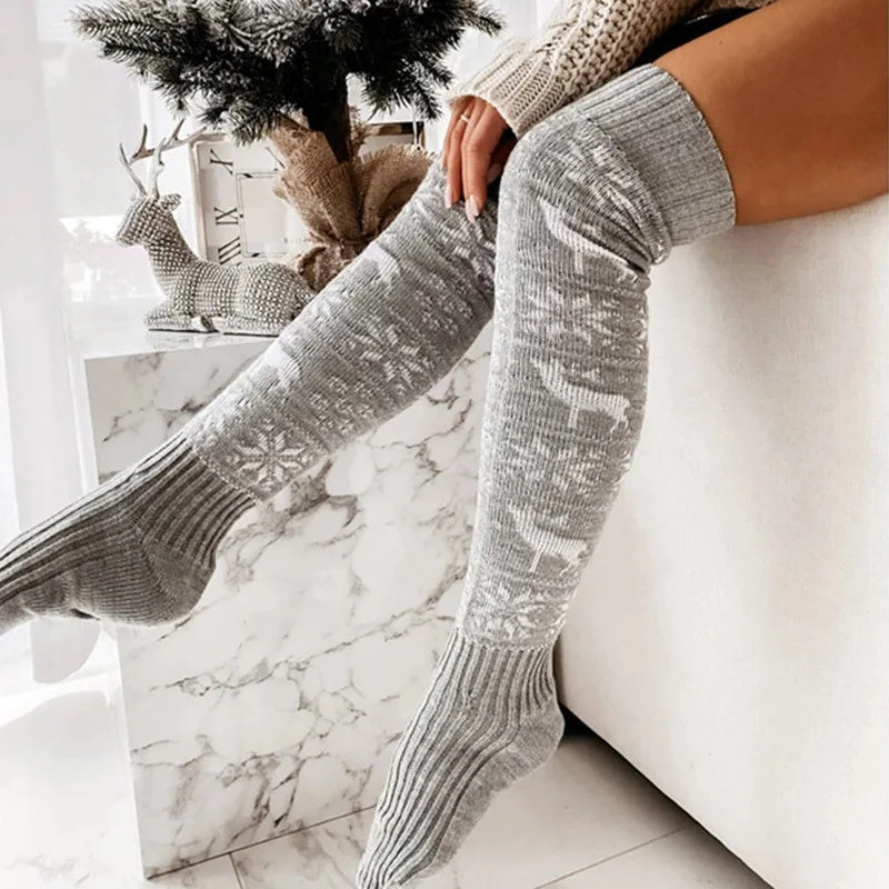 Thigh High Christmas Themed Knit Style Socks in Red and White-Theone Apparel