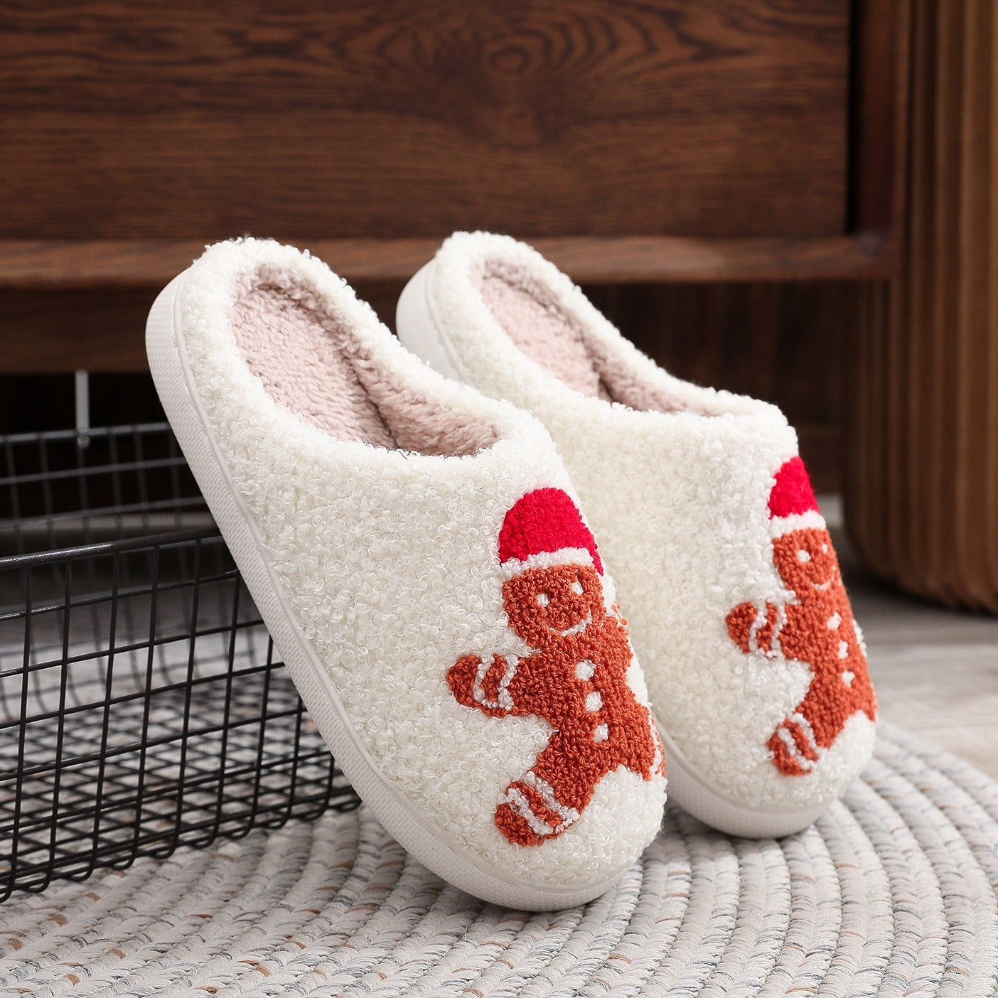 Ultra Soft Fleece Closed Toe Slip On Gingerbread House Shoes-Theone Apparel