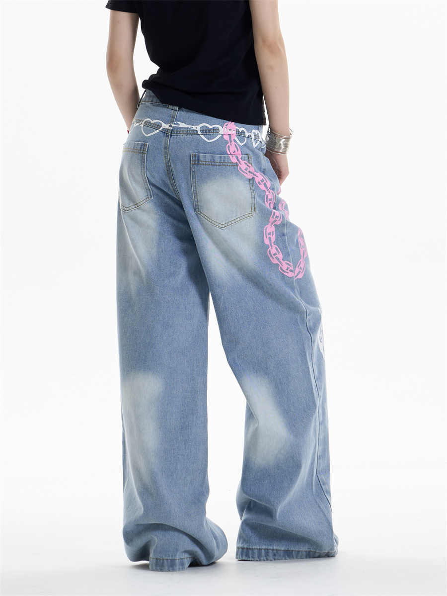 Waist Chain Print Wide-Leg Jeans for Bold Urban Edge-Theone Apparel