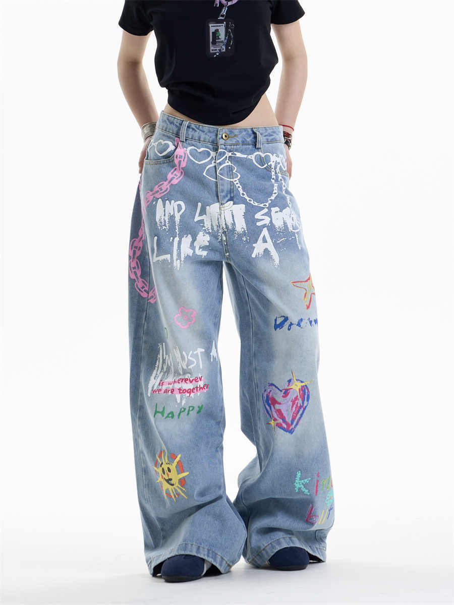 Waist Chain Print Wide-Leg Jeans for Bold Urban Edge-Theone Apparel