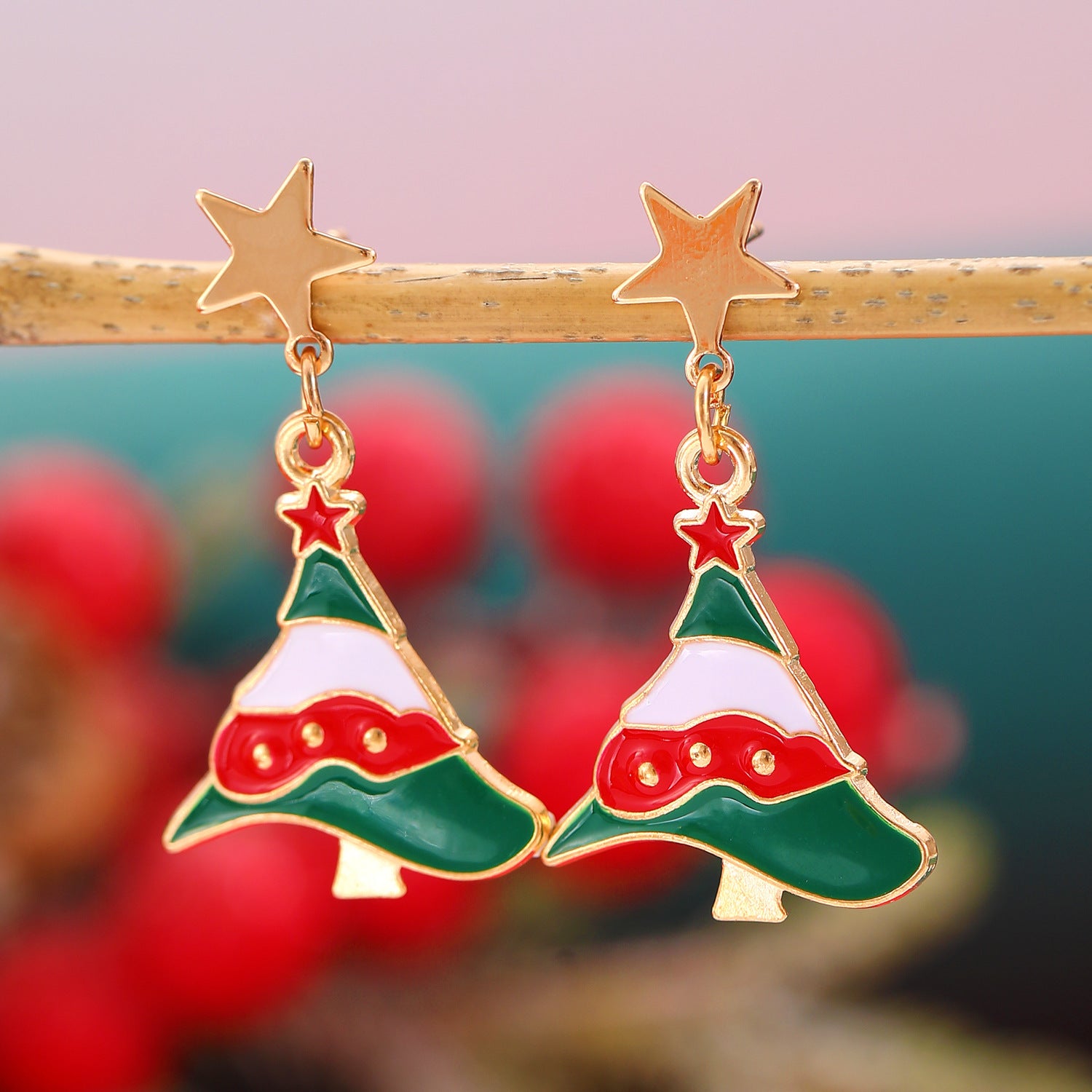Whimsical Enamel and Metal Stud Back Christmas Themed Drop Earrings-Christmas Tree-Theone Apparel