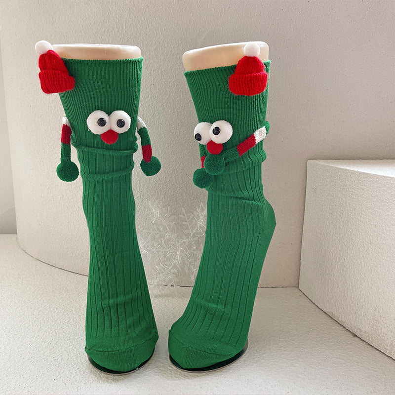 Whimsical Googly Eye 3D Christmas Socks in Red and Green for Kids-Green-Theone Apparel