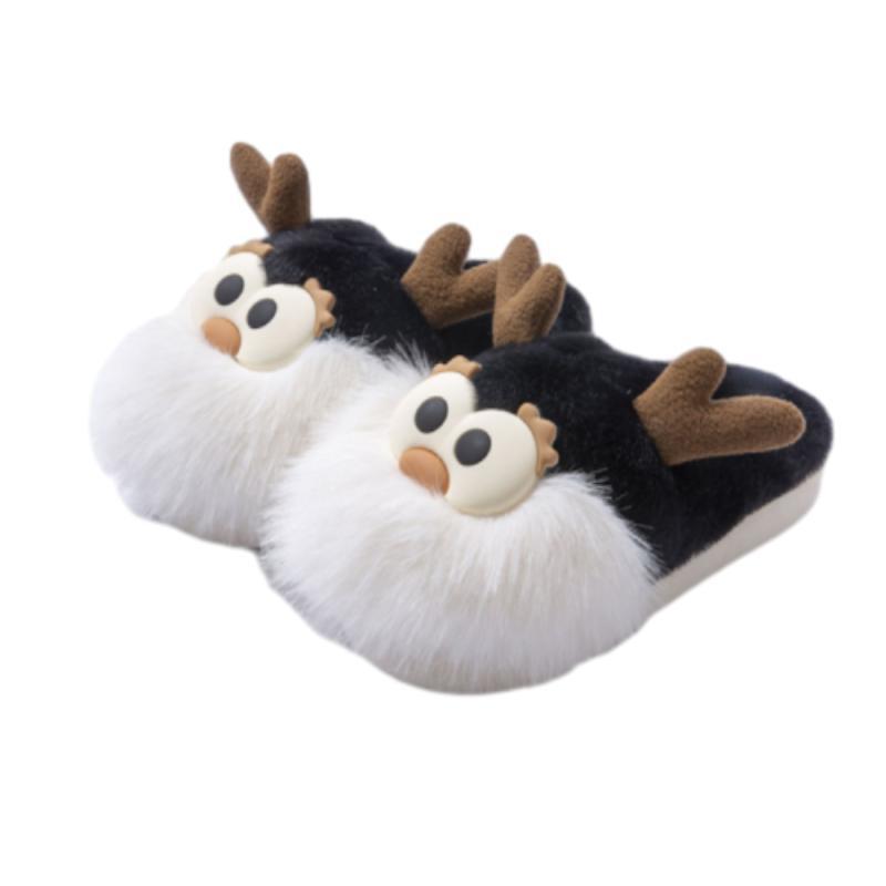 Whimsical Reindeer Santa Claus themed Green and White Slippers-Black-Theone Apparel