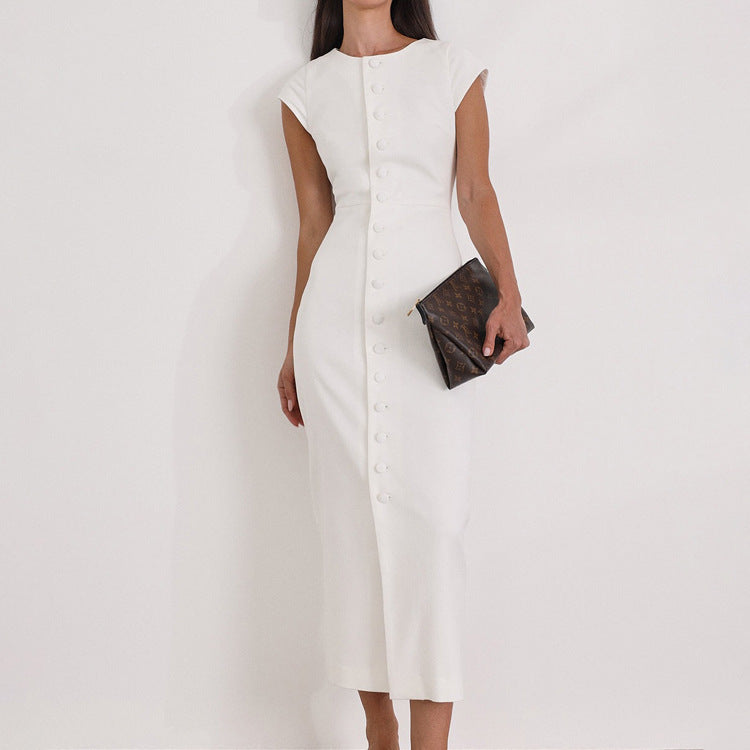 White Sheath Dress with Flying Sleeves and Single-Breasted Waist-Theone Apparel