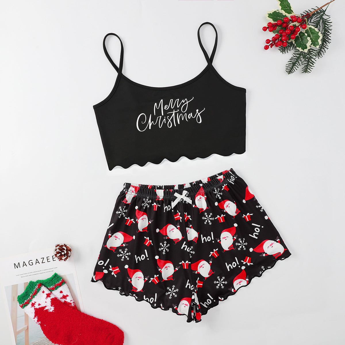 Women's Adorable Two Piece Christmas Pajama Crop Top and Shorts Set-Merry Christmas-Theone Apparel