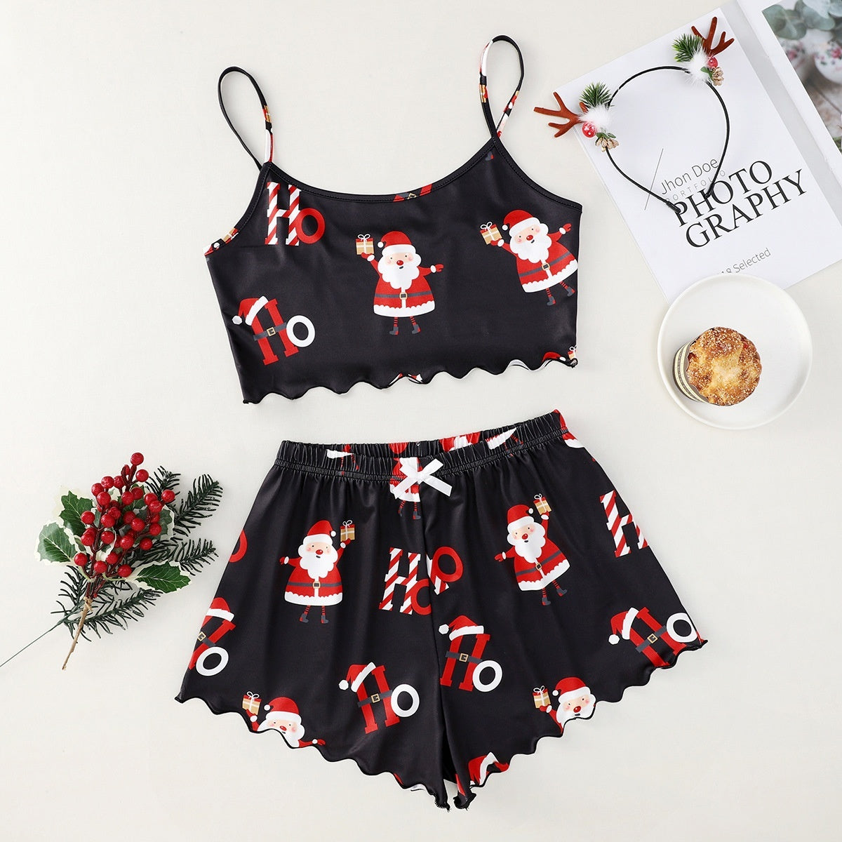 Women's Adorable Two Piece Christmas Pajama Crop Top and Shorts Set-Red Ho Santa Claus-Theone Apparel