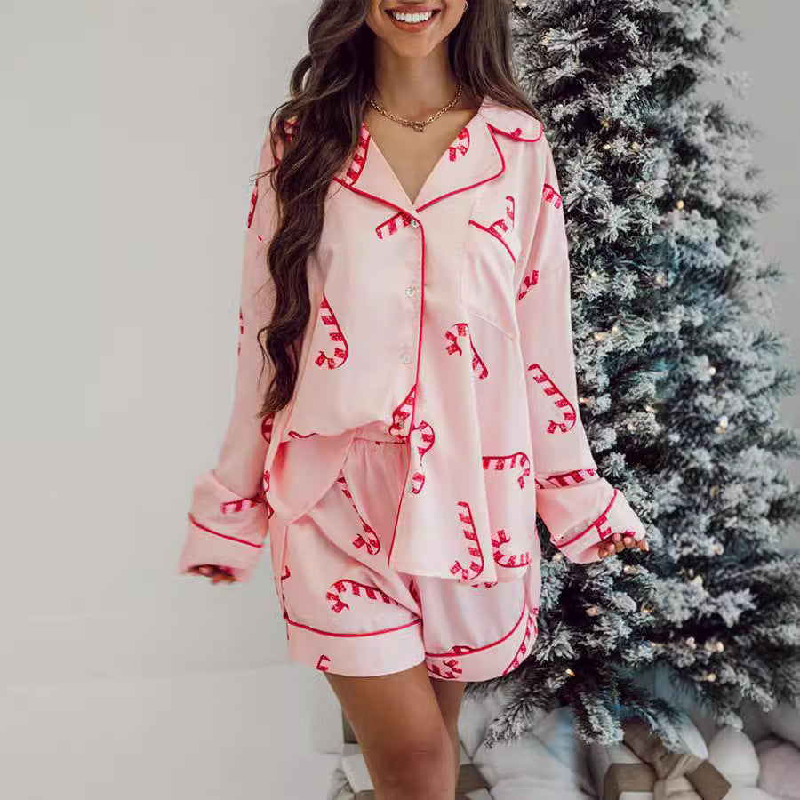 Women's Candy Cane Two Piece Christmas Pajama Set in Pink and Green-Pink-Theone Apparel