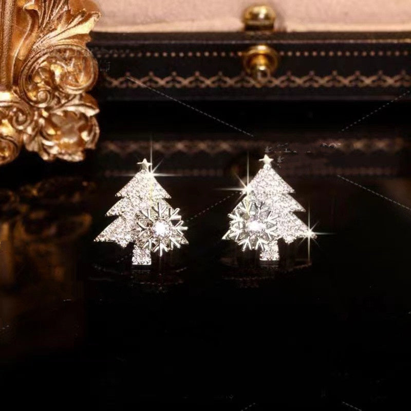 Women's Glittering Jeweled Small Christmas Tree Dangle Earrings-Theone Apparel