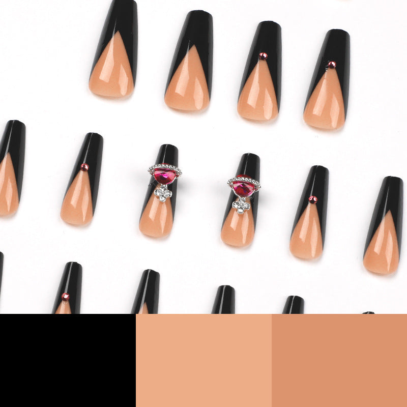 Women's Long French Nail Casket Shaped Nail Set with Rhinestones-Theone Apparel